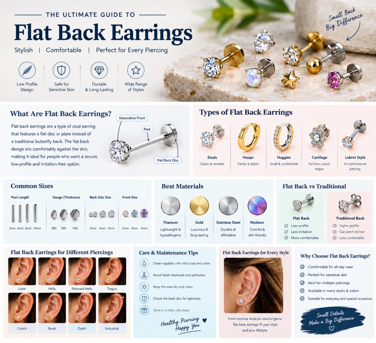 Flat Back Earring Guide: Sizes, Materials, Styles, Comfort & Care